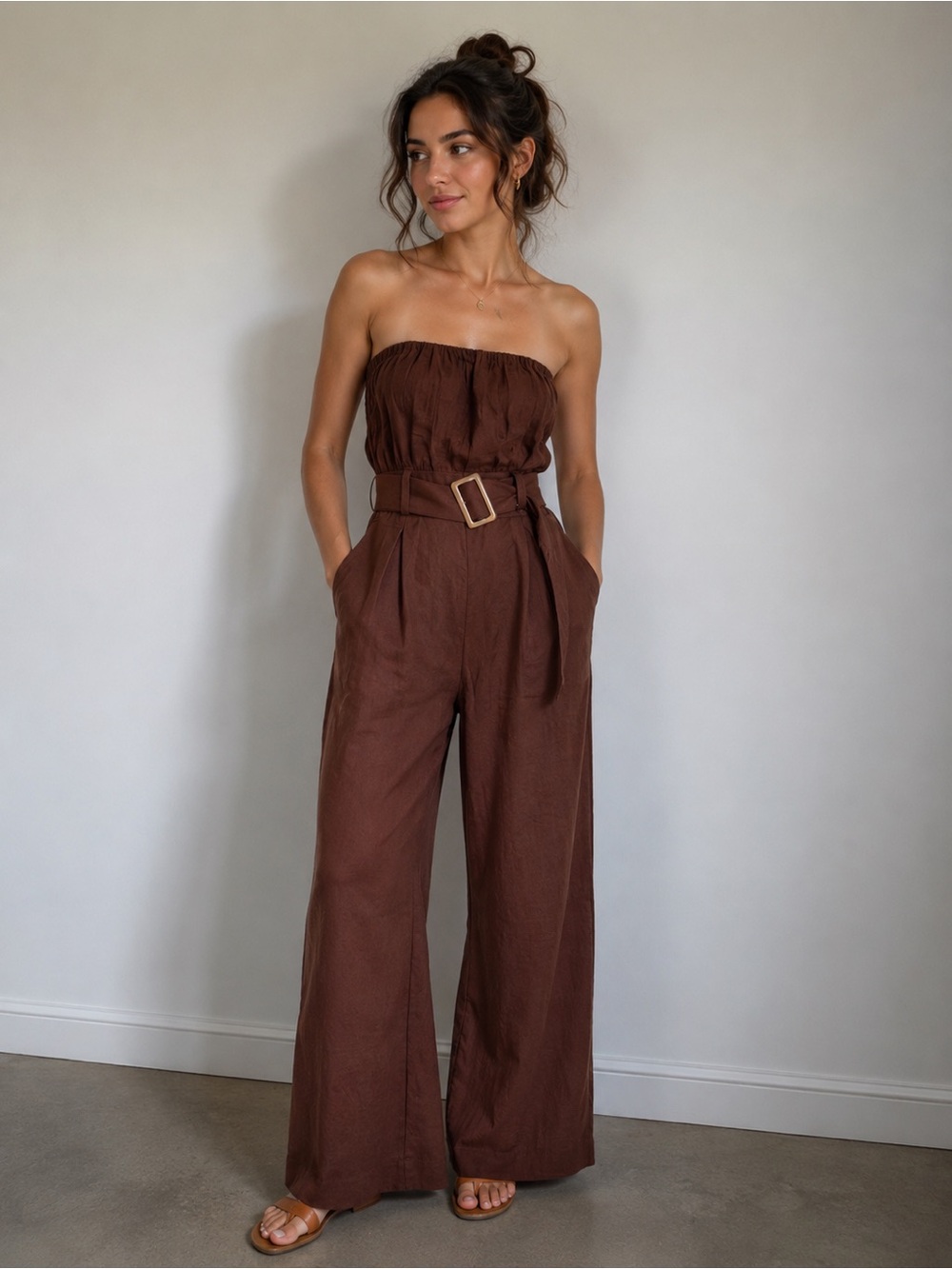 Strapless Wide-Leg Jumpsuit in Chocolate Brown